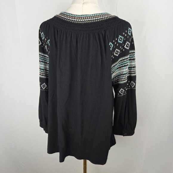 J. Jill Top Shirt Medium Embroidered Black Button-Front Top 3/4 Sleeve Boho - Picture 4 of 8